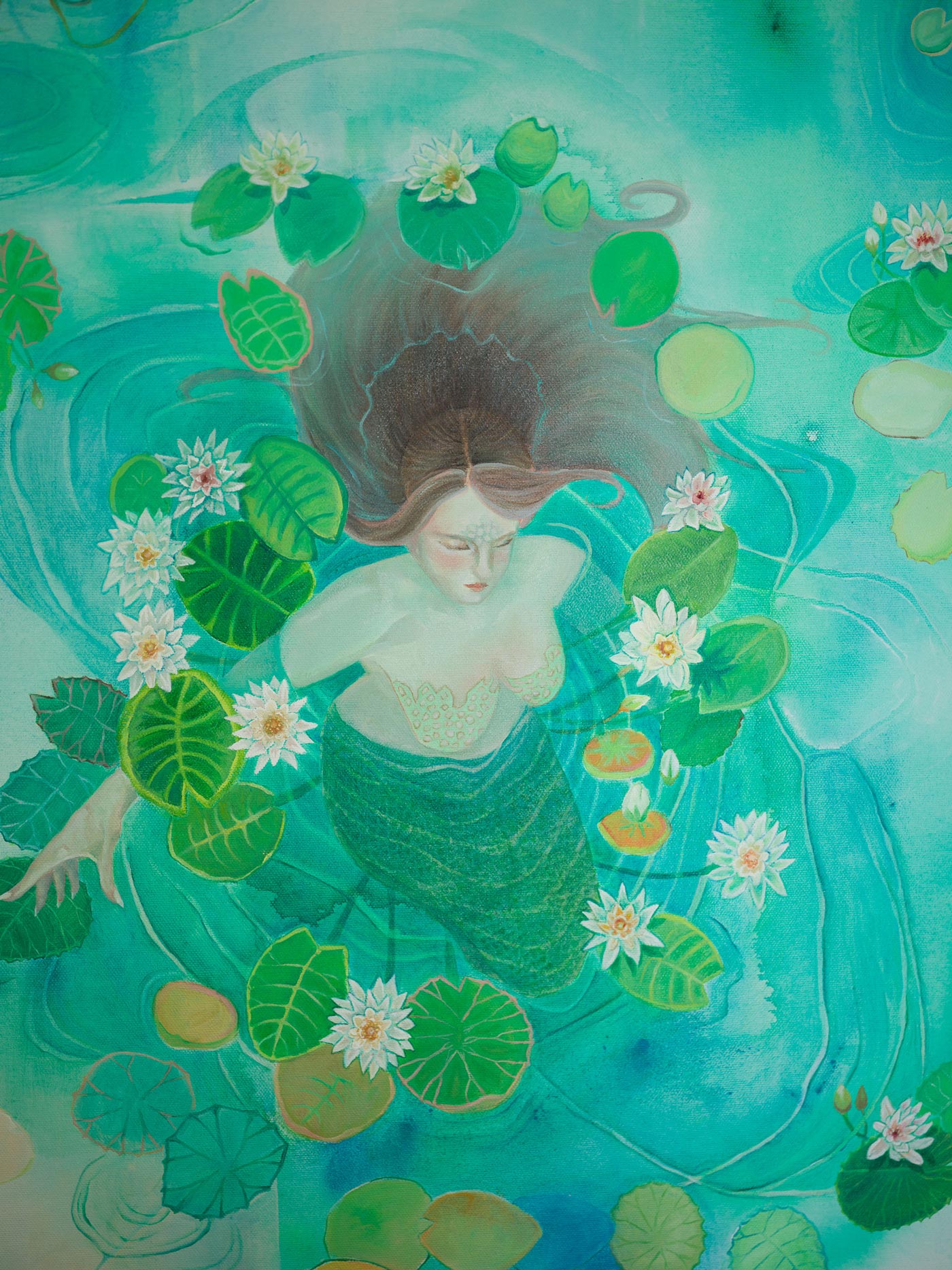 A stylized painting of a woman floating in turquoise water with waterlily pads around her. 