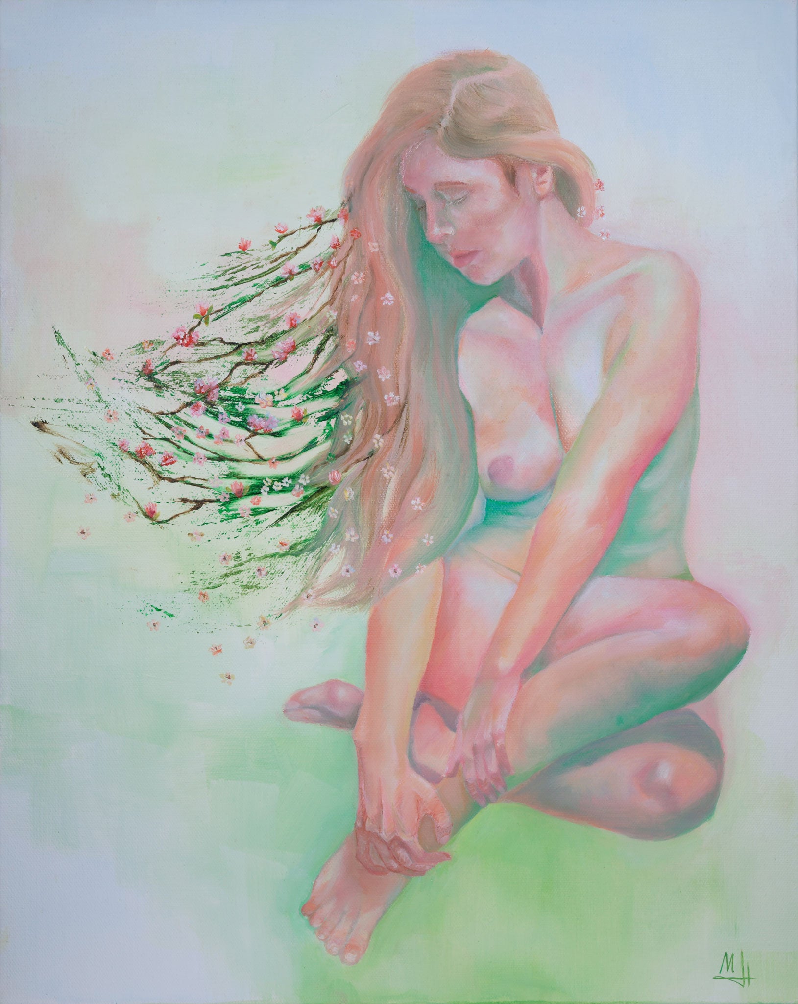 Ethereal painting of a woman with flowers in a hair on a light background