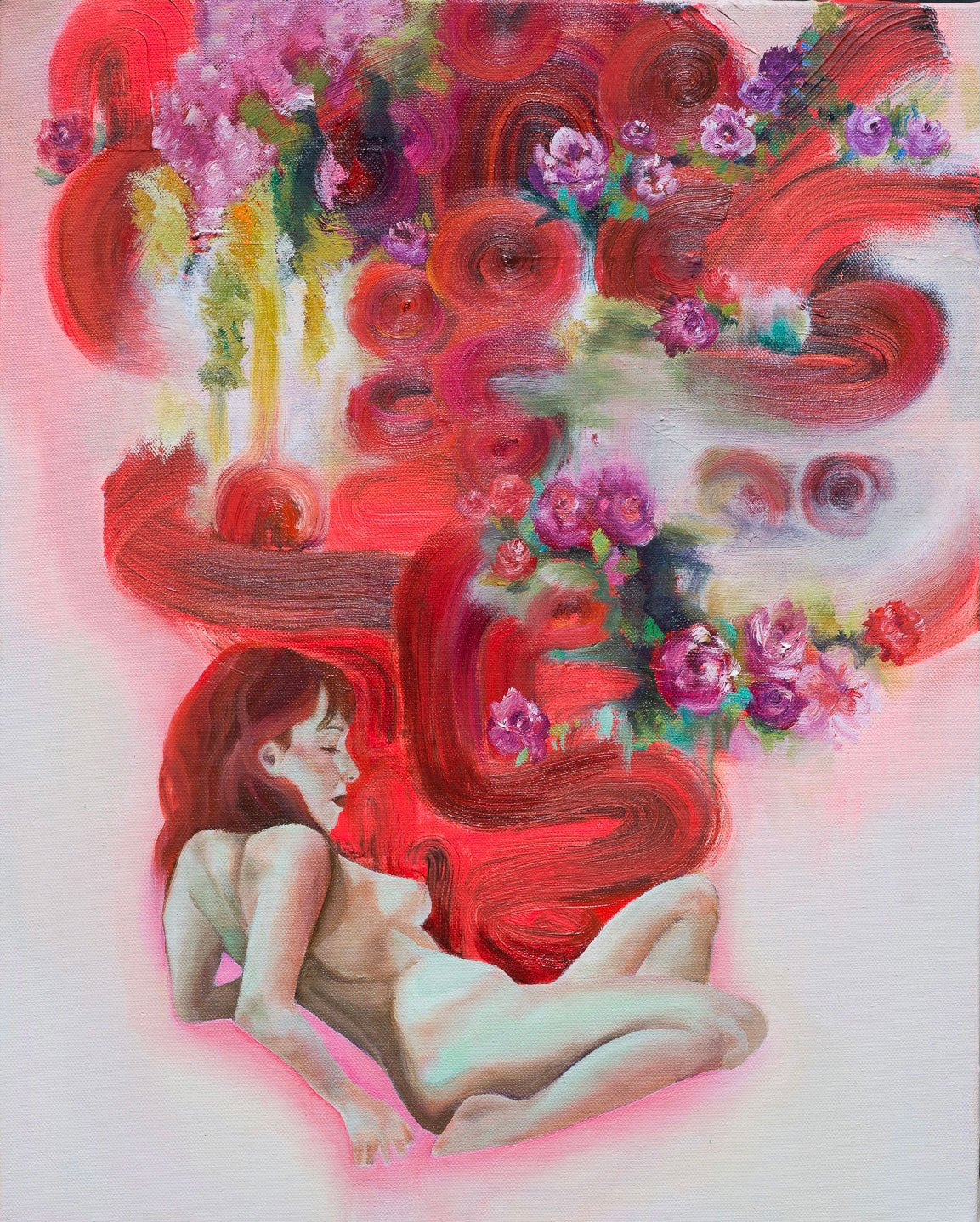Original artwork portraying a feminine figure set against a vibrant floral background depicting inner beauty