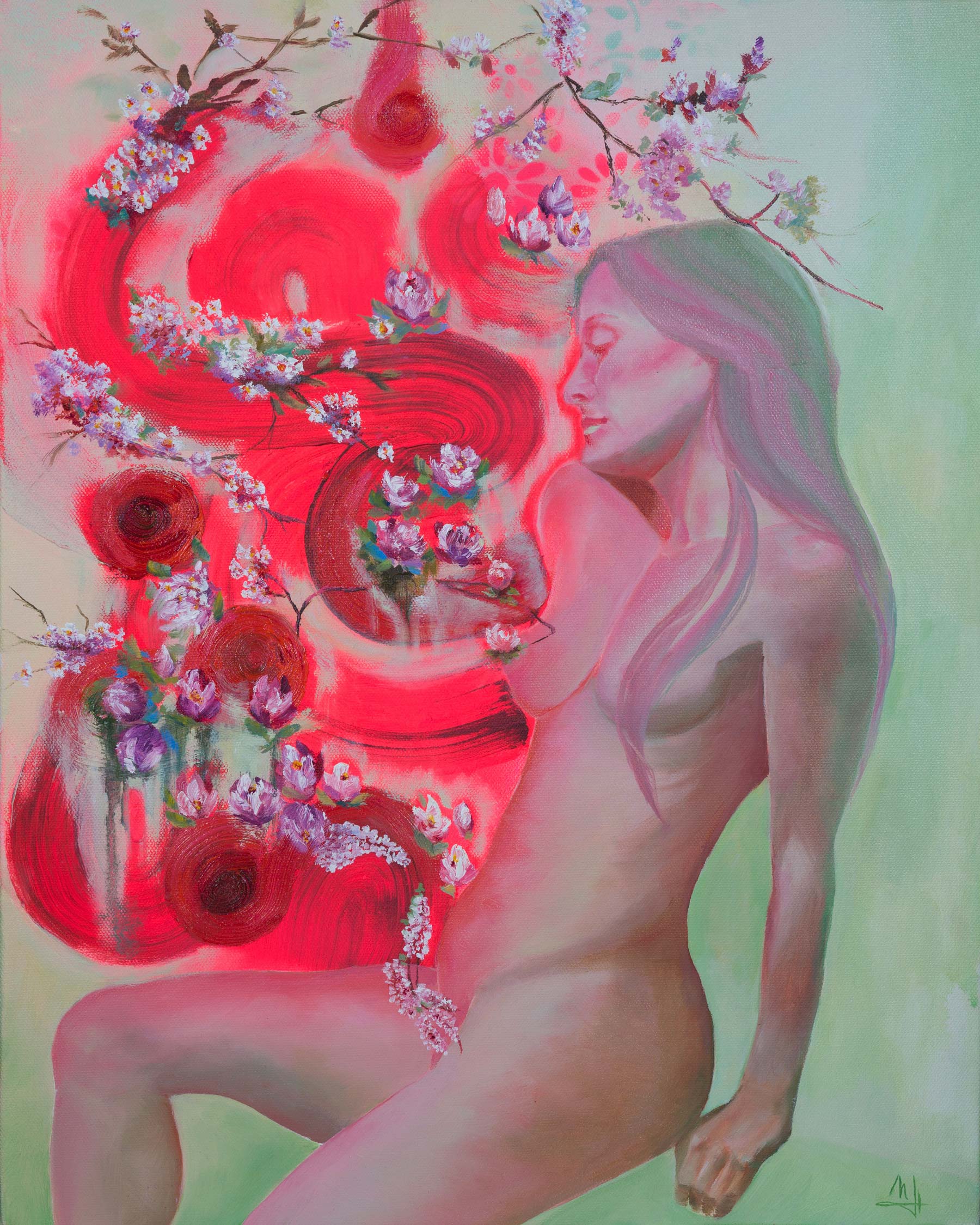 Nude figure with floral elements and red abstract shapes in the background